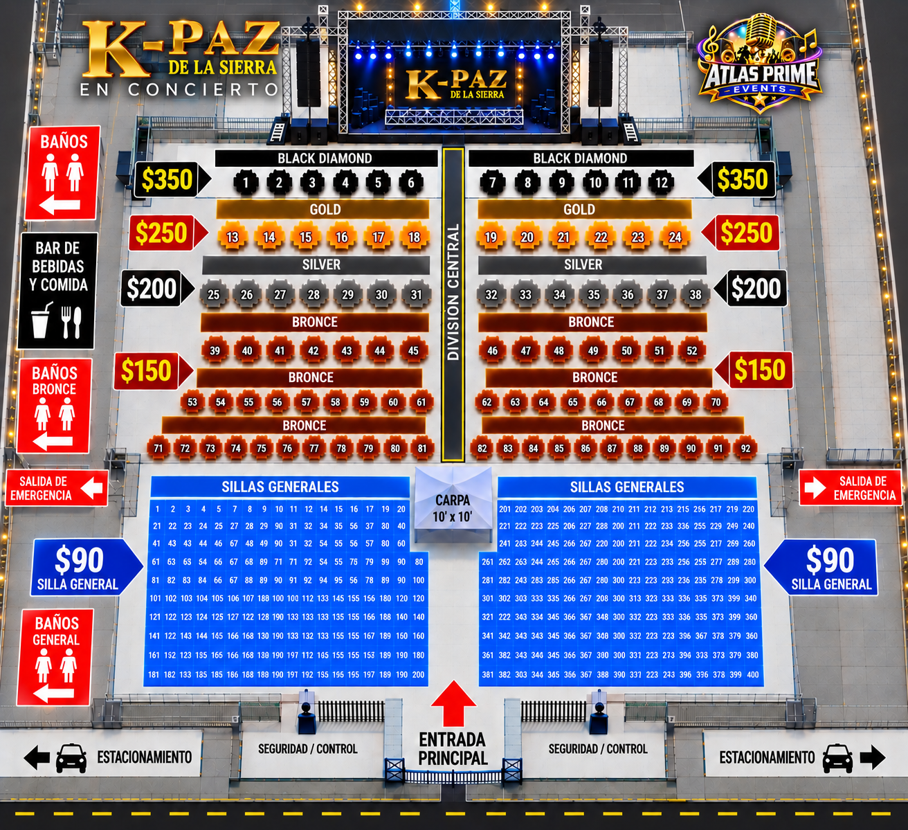 Plano de las secciones Black Diamond, Gold, Silver, Bronce y General, con escenario y entrada